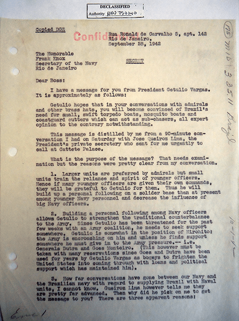 Documento secreto enviado por Allen Haden a Frak Knox, gentilmente cedido por Giovanni Latfalla.